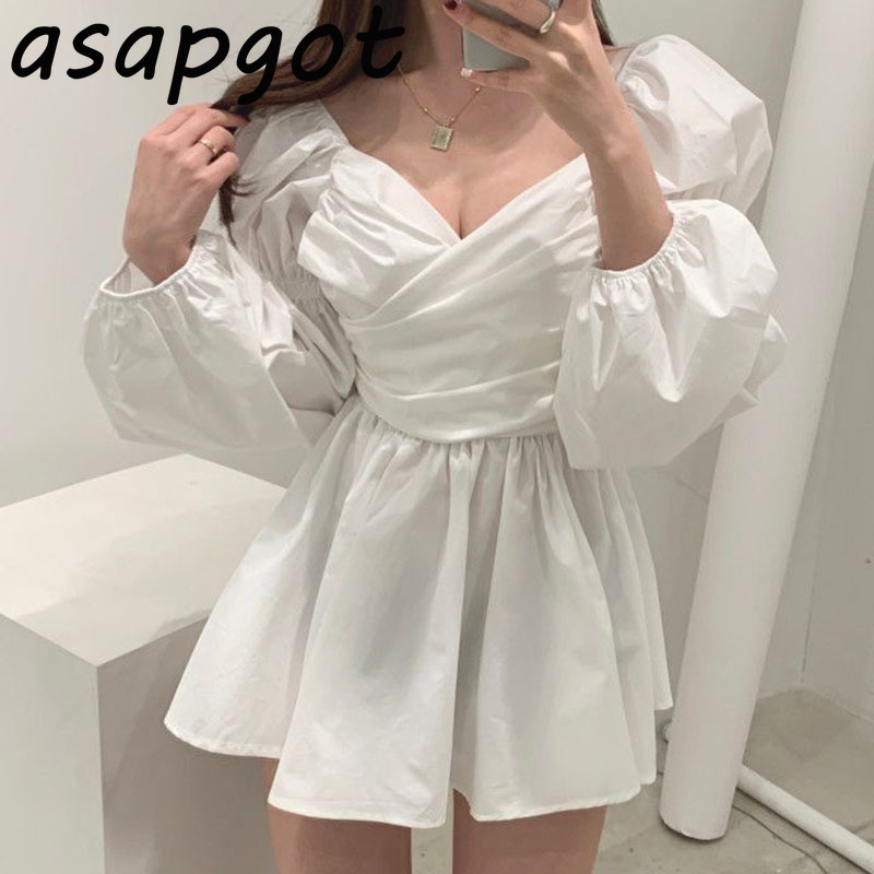 Dresses Chic Korean Spring Deep V Neck Cross Slim Puff Long Sleeve White Pleated Dress Women Mini Vestido De Mujer Retro 210429