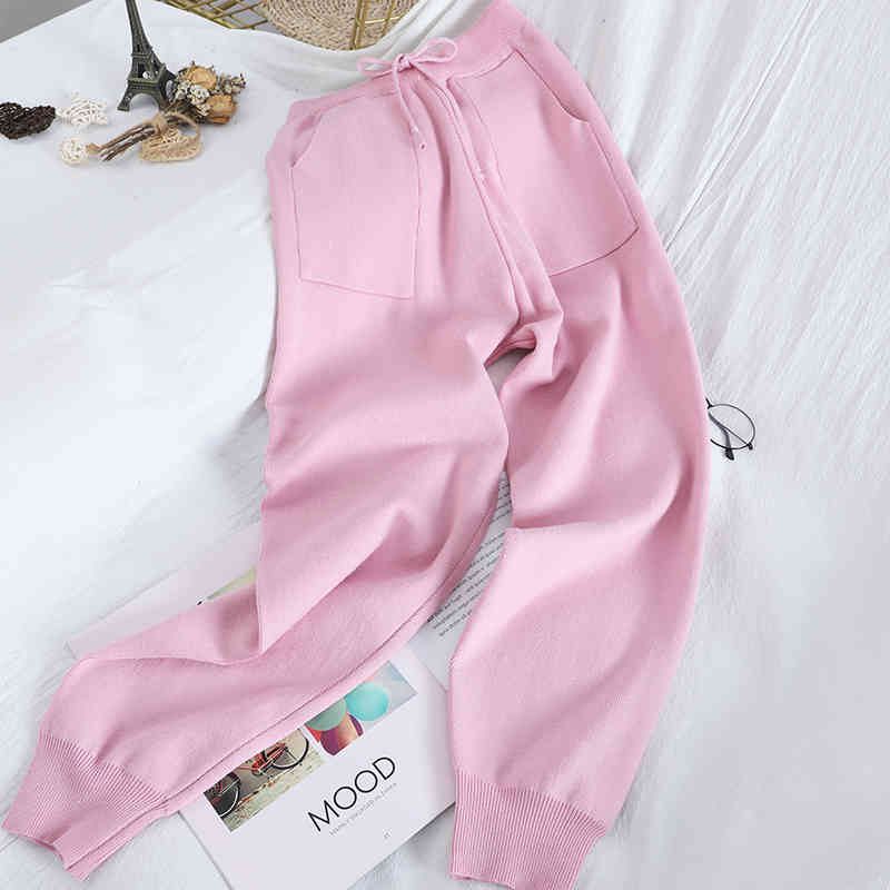 Autumn Winter Sweet Love Print Beads Pullover Top Sweater + High Waist Double Pockets Knitted Pants Two piece Set for Women 210506