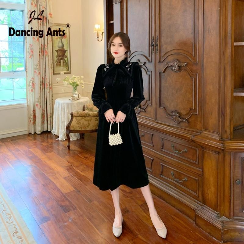 Women Dress A-Line Stand Collar Long Sleeve Mid-calf High Waist Slim Korean Fashion Vintage Autumn Woman Dresses Vestido Clothes Casual