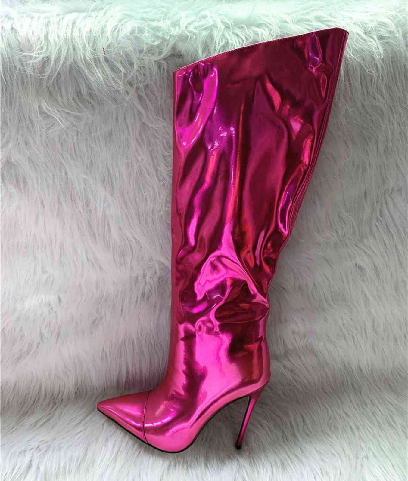 Metallic Leather Women Knee High Boots Stilettos Heels Pointed Toe Fashion Female Party Shoes Nightclub Reflective Mujer 211105