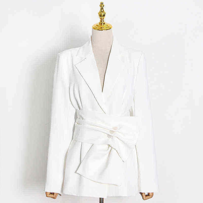 TWOTWINSTYLE White Minimalist Blazer For Women Notched Long Sleeve Sashes Elegant Blazers Female Fashion Clothing 211120