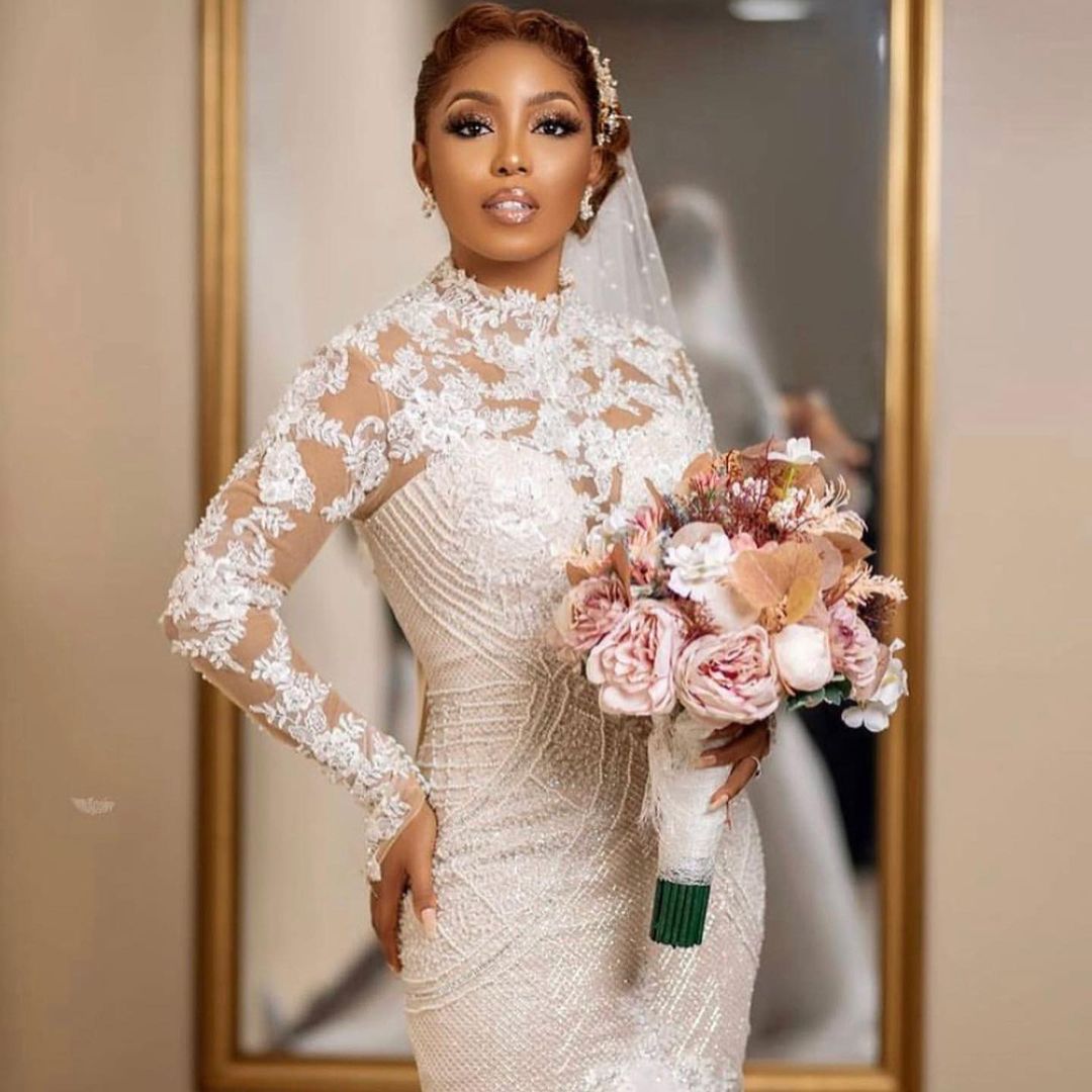 Vintage Mermaid Wedding Dress Beading High Neck Long Sleeve Bridal Gowns robes de mariée Lace Appliques Bride Dresses