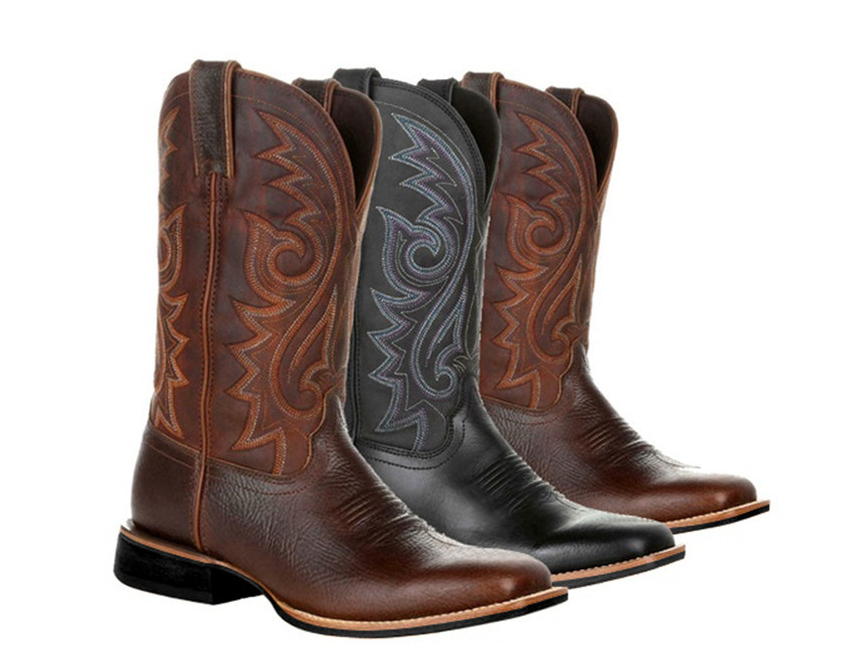 Men Retro middle tube Western Cowboy Boots motorcycle riding embroidery outdoor antiskid Pu sewing deep vmouth sleeve feet DH310