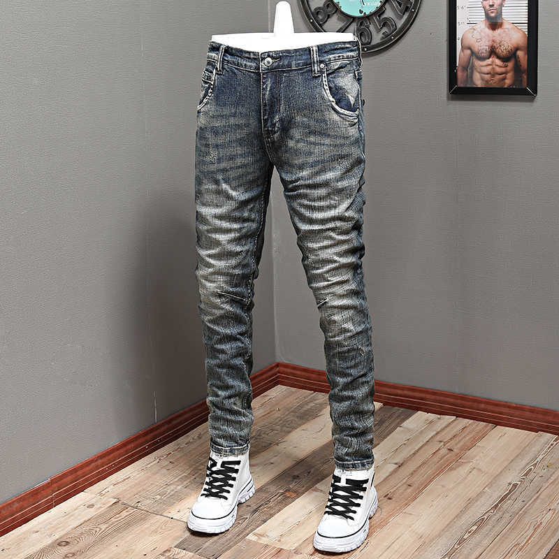 European Vintage Fashion Men Jeans Retro Blue Elastic Slim Ripped Italian Distred Stretch Designer Casual Denim Pants QCKS, Retro dark blue
European Vintage Fashion Men Jeans Retro Blue Elastic Slim Ripped Italian Distred Stretch Designer Casual Denim Pants QCKS, Retro dark blue