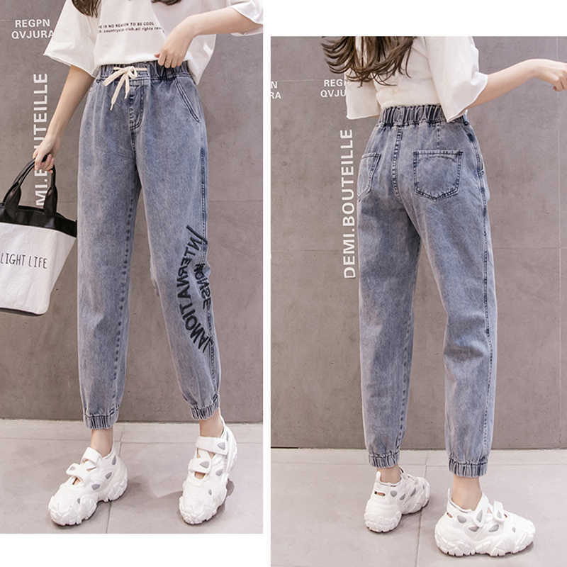 Letter Embroidery Elastic High Waist Denim Ankle Banded Pant Casual Harem Large Size Fashion Trousers 210809