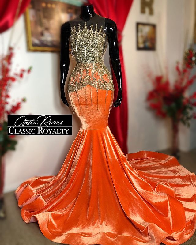 2021 Plus Size Arabic Aso Ebi Orange Mermaid Velvet Prom Dresses Lace Beaded Sheer Neck Evening Formal Party Second Reception Gowns Dress ZJ212