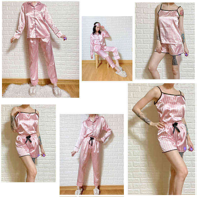 Pink Women's 7 Pieces Pajamas Sets Faux Silk Striped Pyjama Women Sleepwear Sets Spring Summer Autumn Homewear 211109