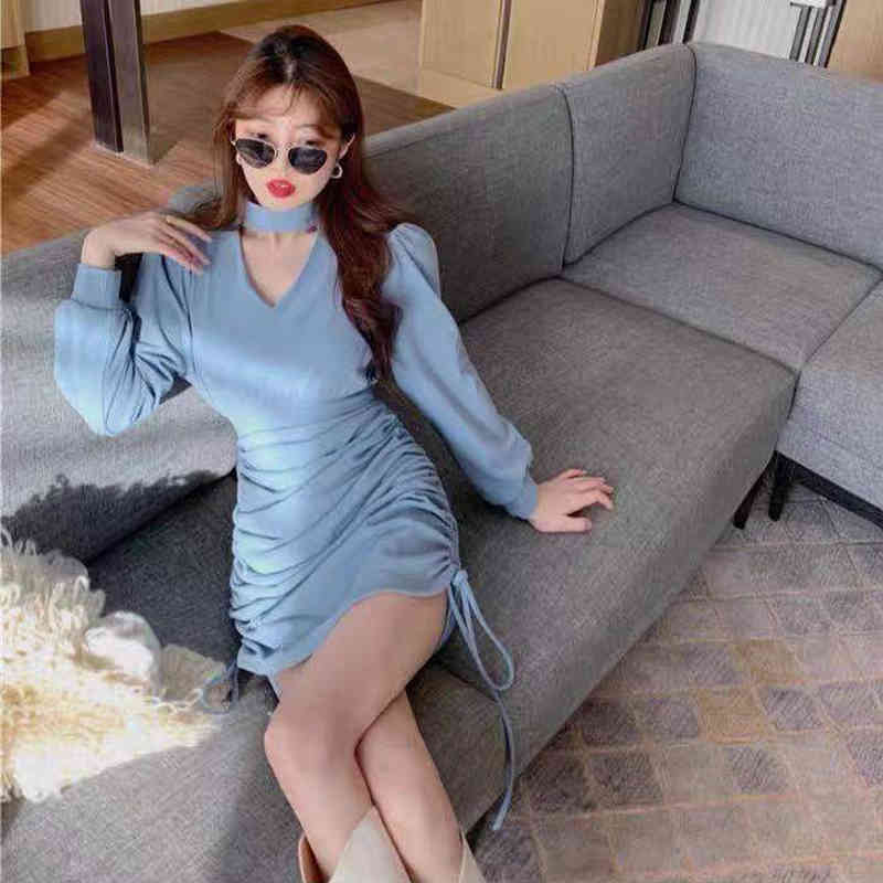 French Vintage Mini Dress Women V-Neck Casual Slim One Piece Dress Korean Sping Long Sleeve Evening Party Elegant Dress 210406
