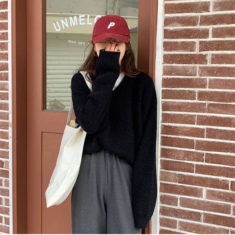 3Colors womens knitted Sweater Autumn and winter loose korean style female Loose V neck Sweaters and pullovers womens (X1716) 210423