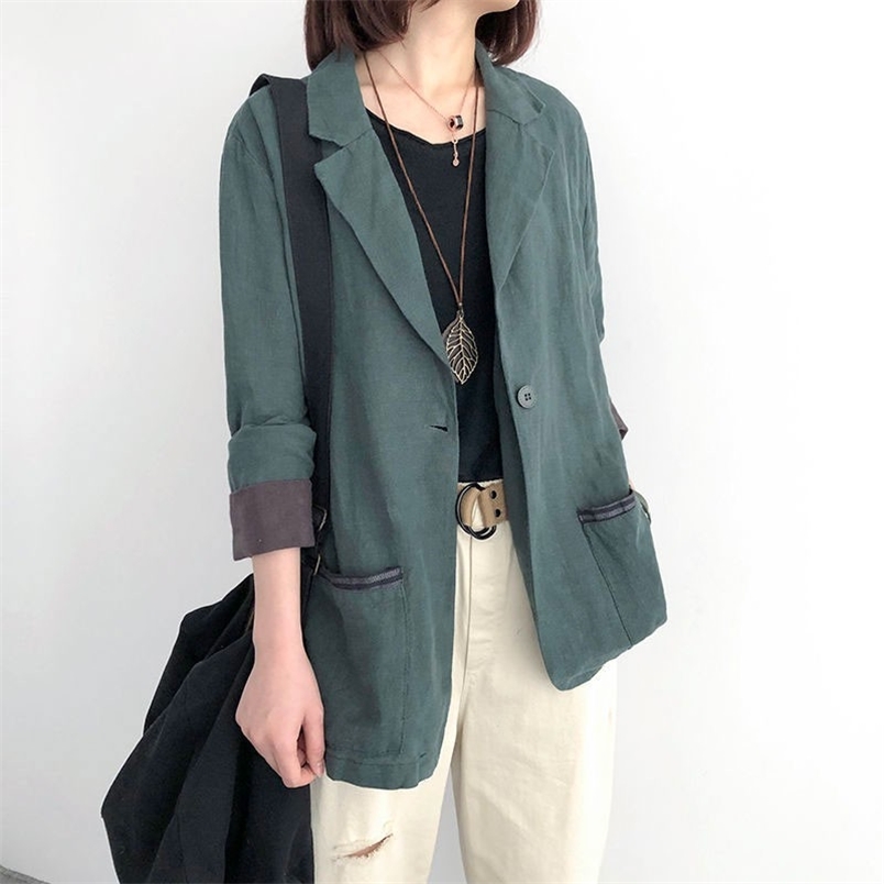 Autumn Arts Style Women Long Sleeve Single Button Loose Casual Blazer Double Pocket Vintage Linen Femme Coat M252 210512