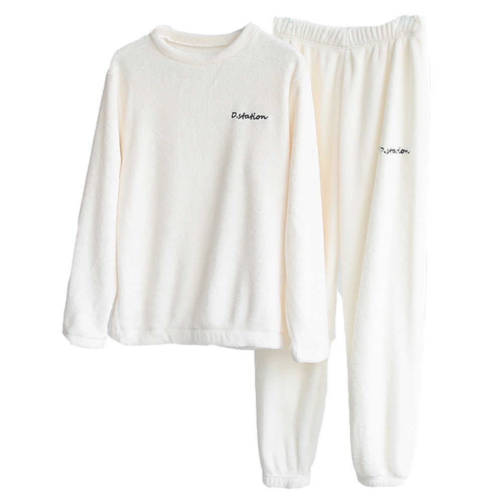Women Pajamas Set Winter Warm Flannel Pajamas Homewear Thick Female Sleepwear Plush Pyjamas Suit Sweatshirt Hoodies Solid Color 210924