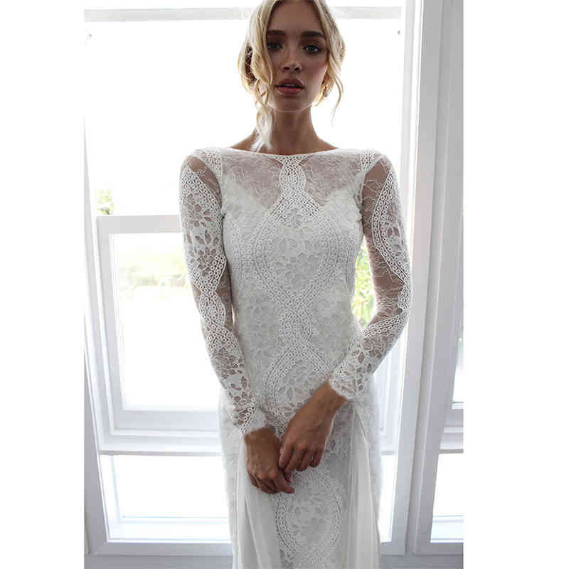 Ordifree Summer Women Long Party Dress Vintage Long Sleeve Floor Length Sexy Backless White Lace Maxi Dress 210409