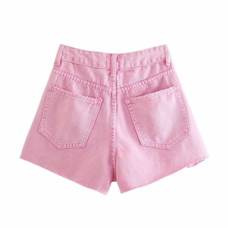 TRAF Women Fashion Solid Color Denim Shorts Retro High Waist Button Placket Short Jeans Streetwear 210714