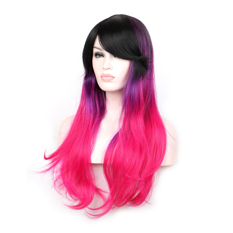 good quality synthetic fiber hair wigs ombre black purple pink mixed color cosplay wig 75cm long wavy wig with bangs women