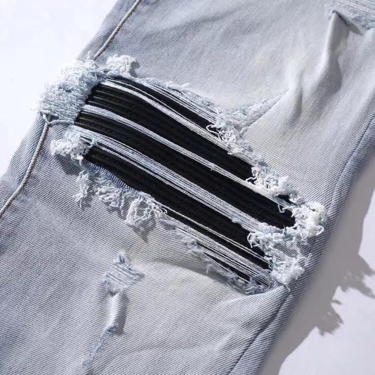 Men Skinny MX1 Distressed Pu Leather Patch Blue Jeans Men's