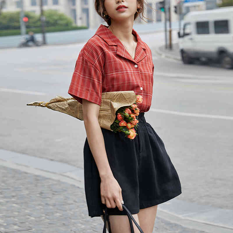 Elegant Notched Collar Plaid Blouse Batwing Short Sleeve Office Casual Shirt Summer Loose Ladies Tops Vetement Femme 210508