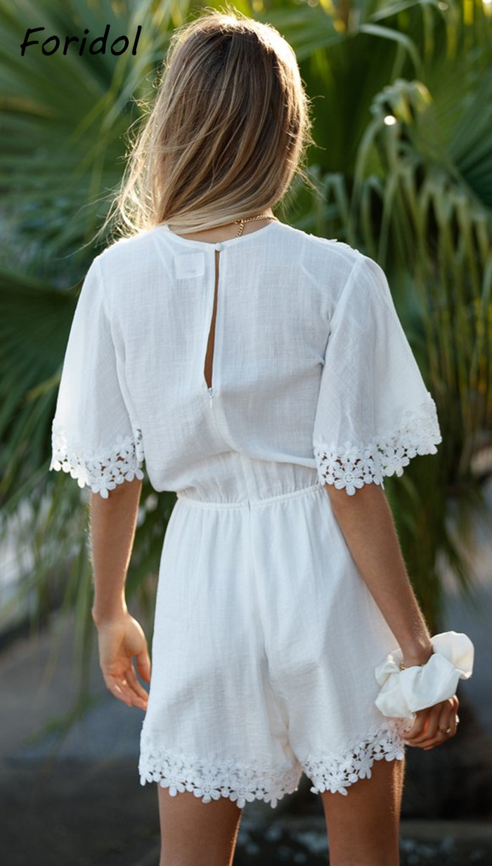 Foridol White Lace Floral Playsuit Romper Spring Summer Women Beach Playsuit Elegant V Neck Women Fashion Clothes 210415