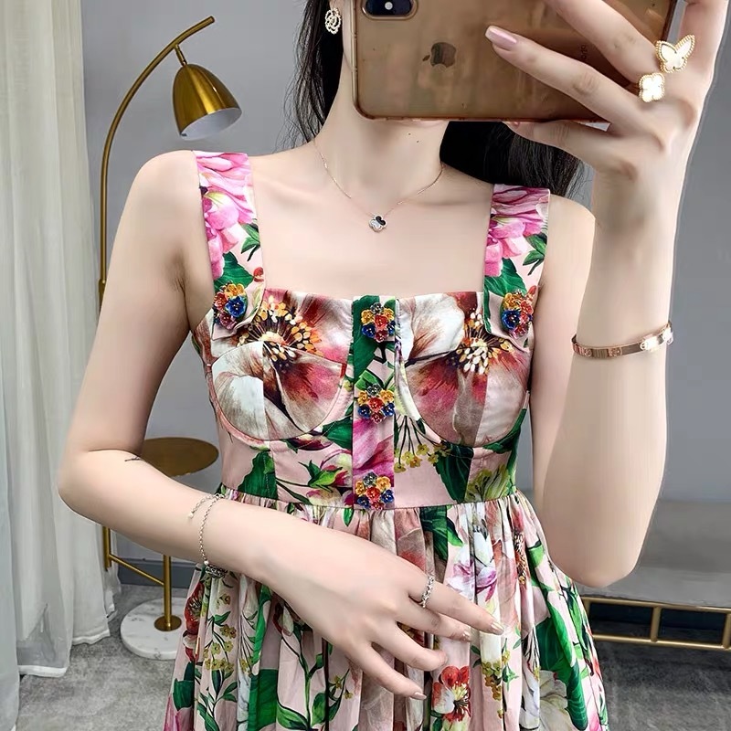 Runway Style Summer Cotton Spaghetti Strap Dress Women's luxury Button Flower Print Sexy Party Short Mini Dresses Robe 210421
