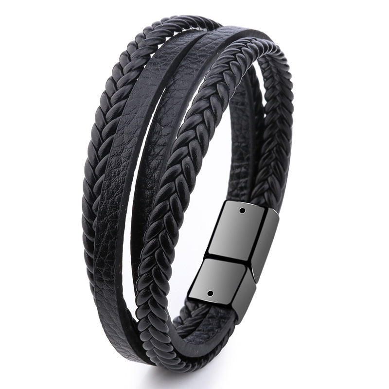 Vintage Men's Style Woven Black Brown Leather Cuff Magnetic Snap Bracelet for Gift