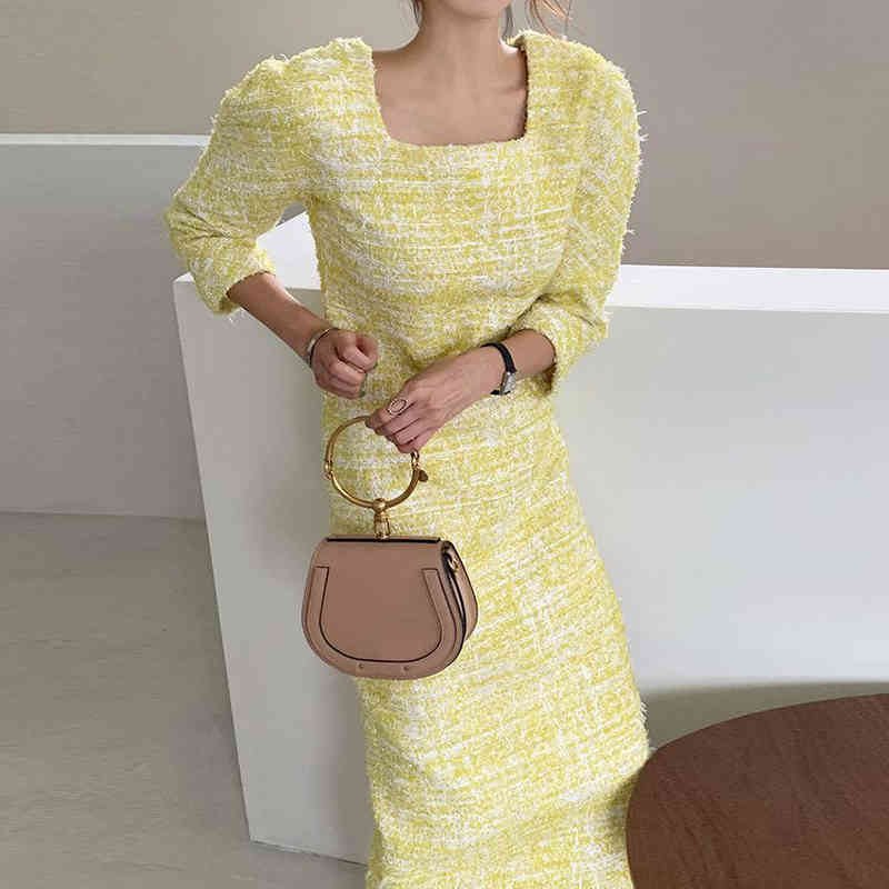 Summer Vintage Woman Dress Square Collar Korean Chic Casual Maxi Dresses Female Elegant Slim Vestidos 210519