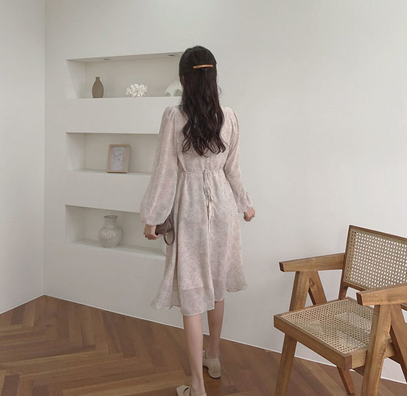 Korean Dot Chiffon Dress Womem Elegant High Waist V-neck Button Fall Fashion Midi Long es Vestido Feminino 12292 210506