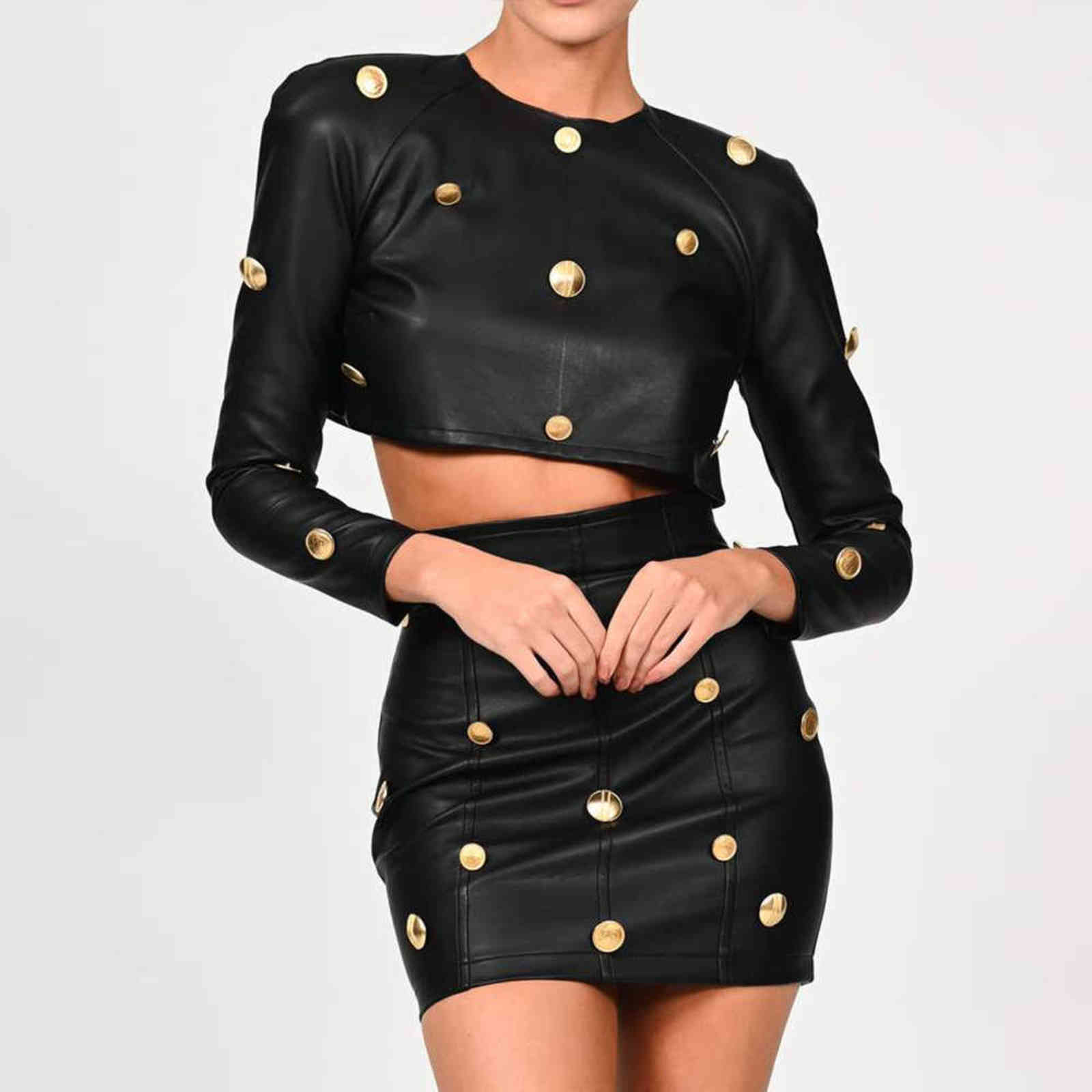 DEAT AutumnLeather Long Sleeve Crop Top Skirt With Gold Button Elegant Outfits Fall Women Two Piece Set ML581 211106