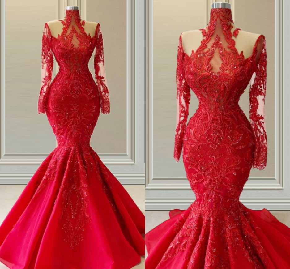 Plus Size Red Mermaid Wedding Dresses 2022 Illusion Long Sleeves Lace Vestido De Noiva High Neck Formal Bridal Gowns