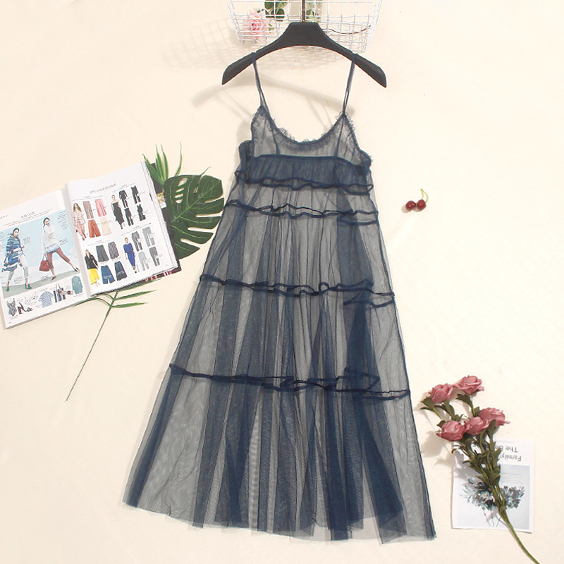 Autumn Long Summer Dress Women Mesh Dress Sexy Lace Spaghetti Strap Dresses Ladies Maxi Gauze Dress Sundress Vestidos A1024 210409