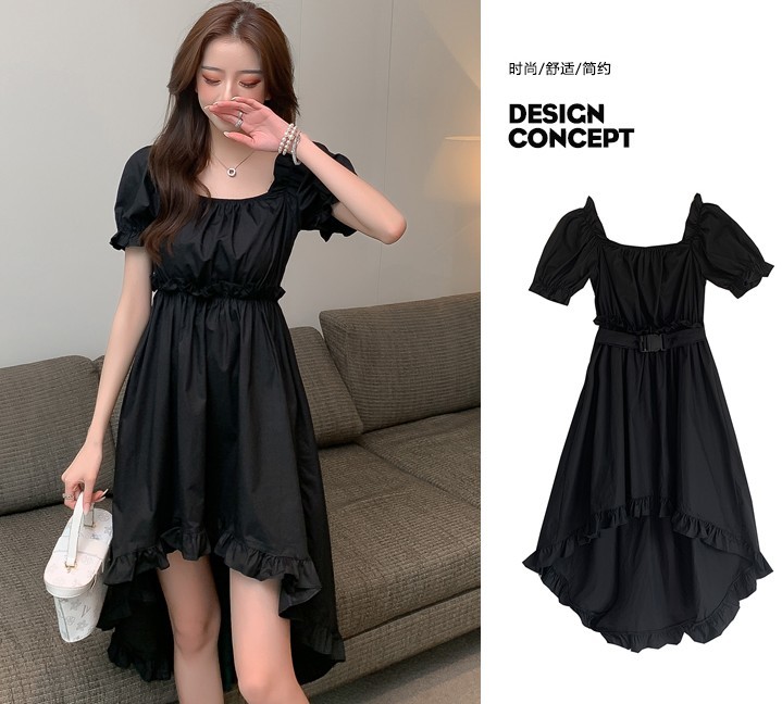 Women Black Party Dress Elegant Square Collar Casual Irregular Ruffles Chic Fashion 210519