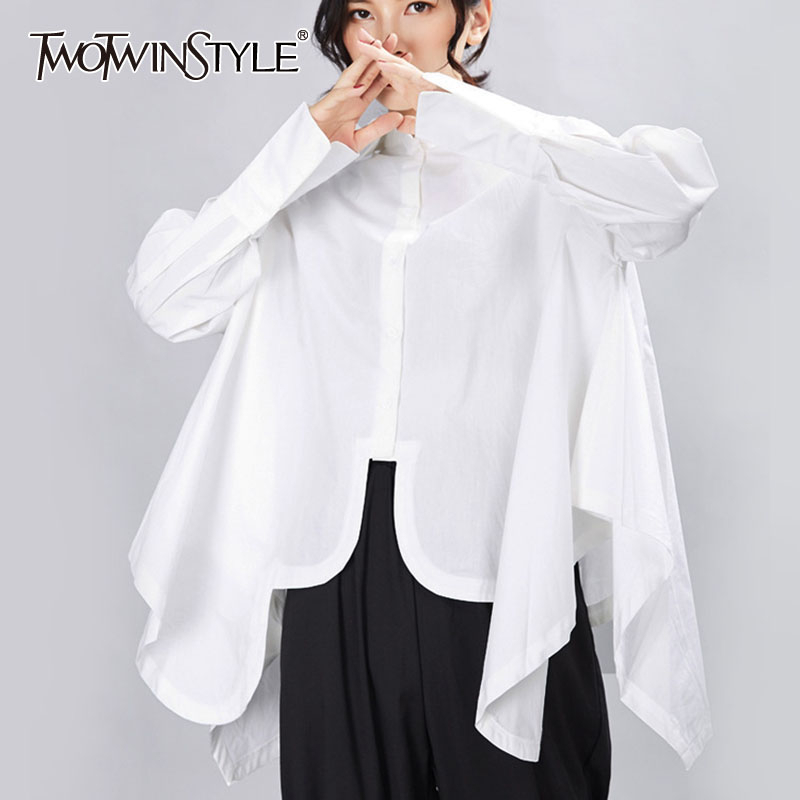 Women Pleated Big Size Irregular Blouse Lapel Long Sleeve Loose Fit Shirt Fashion Spring Autumn 210524