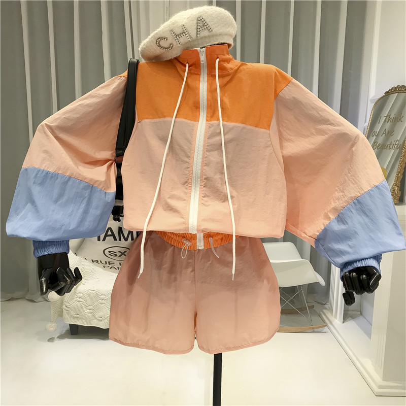 Summer Lantern Sleeve Contrast Color Jacket Stand Collar Coats + High Waist Shorts Female Women Clothing 2 Piece Set 210506