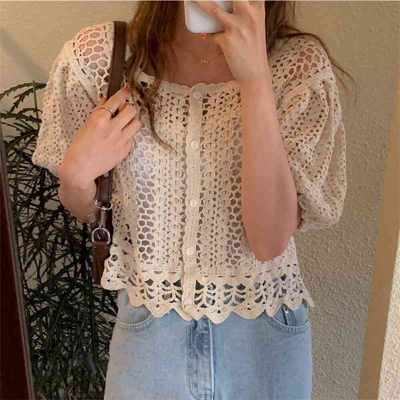 Comelsexy Vintage Hollow Out Lace Blouses Summer Korean Square Collar Shirt Women Puff Sleeve Loose Cardigan Tops 210515