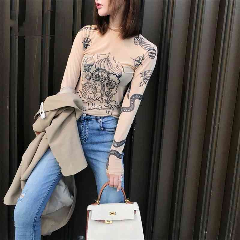 Autumn New Fashion Women Basal Top Goddess Tatoo Print Long Sleeve High Tight Collar Nude Color Mesh Yarn SEXY T-shirt B666 210406