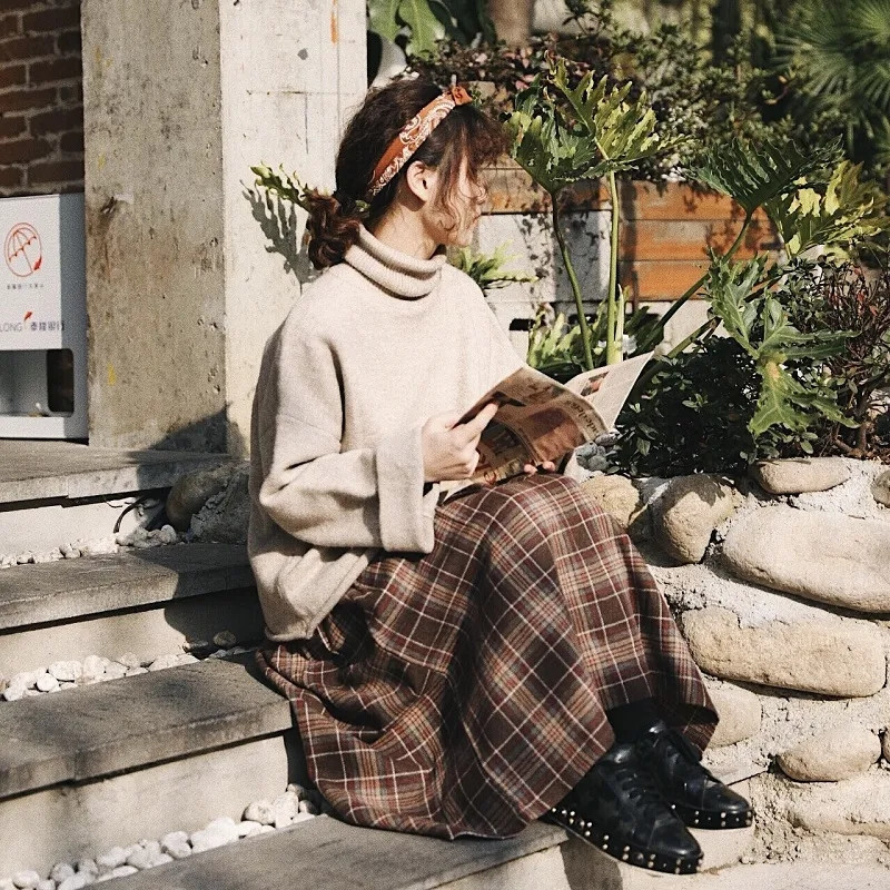 japanese style elastic high waist Long Skirts womens autumn plaid A-line pleated Female winter Wool Warm Streetwear 210421