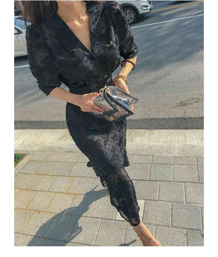 Spring Korean Style Office Ladies Midi Mermaid Dress Women Chiffon Three Quarter Sleeve Bodycon Ruffles Party Dresses 210506