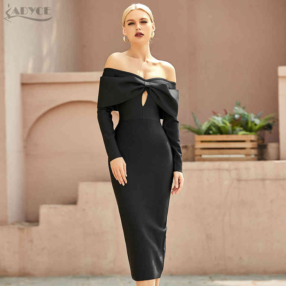 Summer Women Off Shoudler Black Bow Bandage Dress Sexy Hollow Out Long Sleeve Midi Evening Club Party Lady 210423