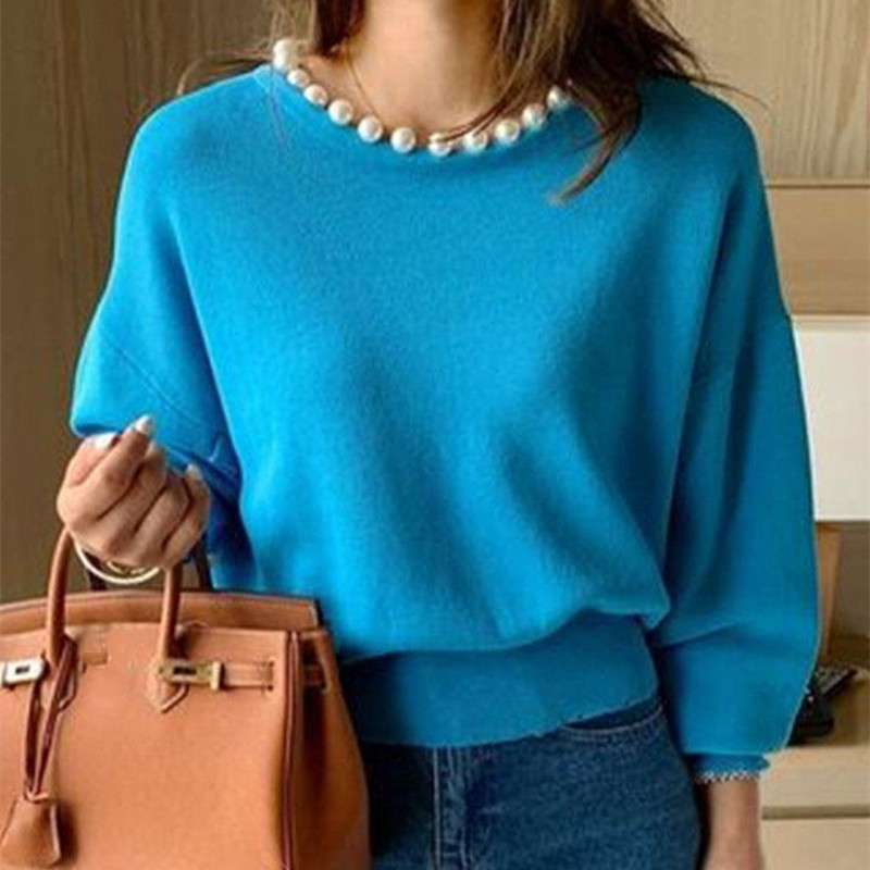 Nomikuma Spring New Women Pullover Sweater Korean Beads O-neck Long Sleeve Knitted Tops Solid Slim Causal Pull Femme 6E992 210427