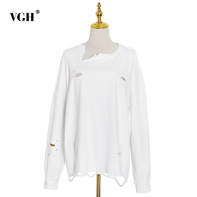 VGH White Streetwear Loose Tops For Women O Neck Long Sleeve Patchwork Hole Hollow Out Casual Sweatshirts Female Fashion New 210421