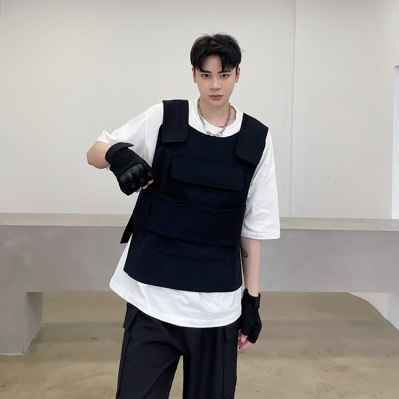 IEFB Personality Trend Pasted Function Tactics Versatile Vest Sleeveless Black Waistcoat Causal All-match Tops 9Y6836 210524