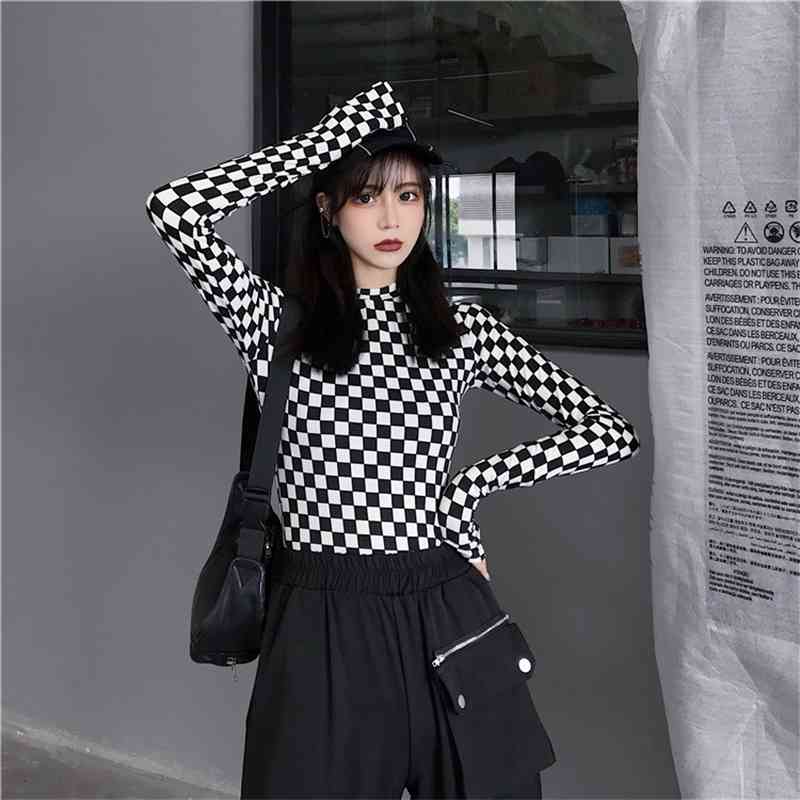 Black & White Checkered Mesh Long Sleeve Mock Neck Cropped Top Women's T-shirts Altgirl Outfit / 210406