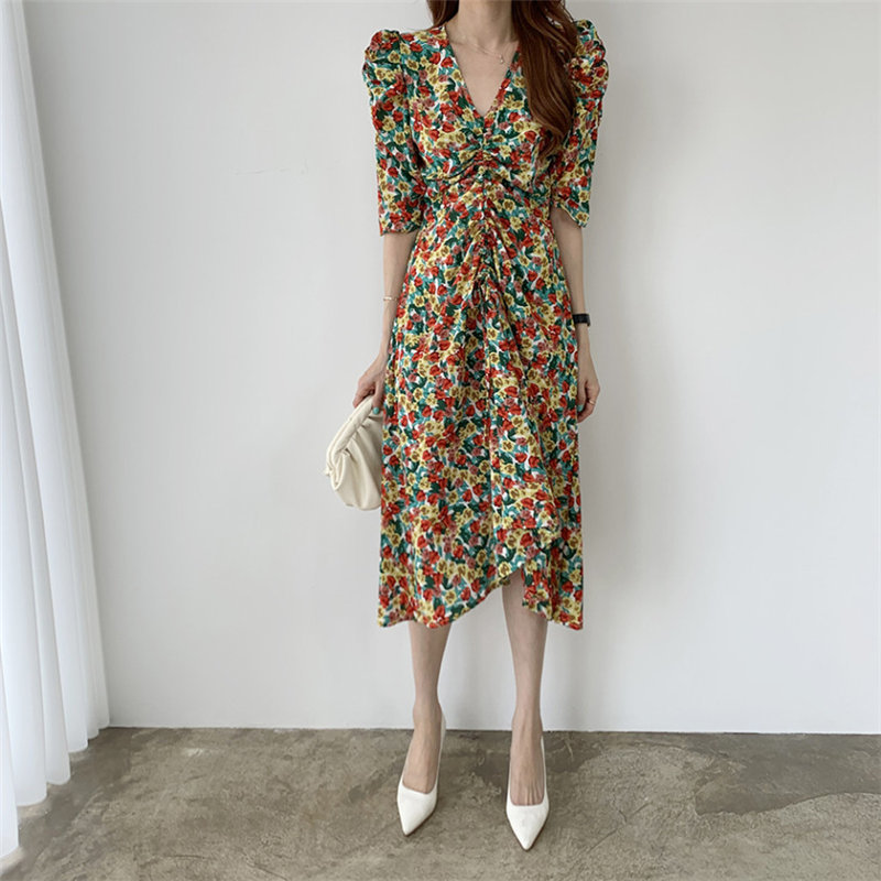 Elegance Chic All Match Chiffon Casual Florals Sexy V-Neck Summer Office Lady Retro Vintage Women Dresses 210421