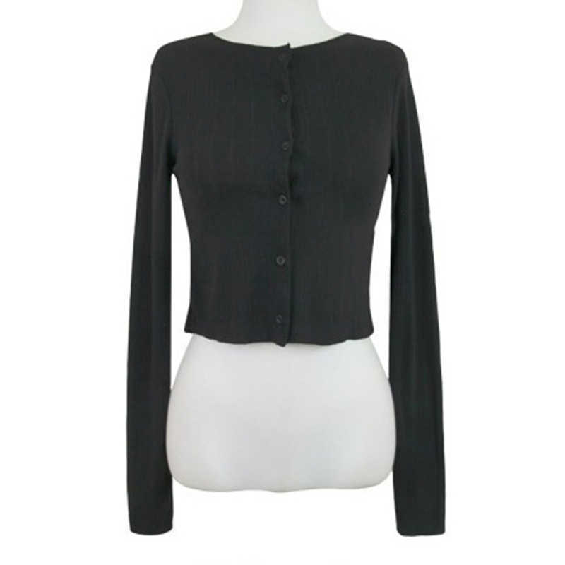 WOMENGAGA T-shirt Korea Spring Products Chic Short Waist Button Long-sleeved Top Women's Clothing Women Tops XG3I 210603