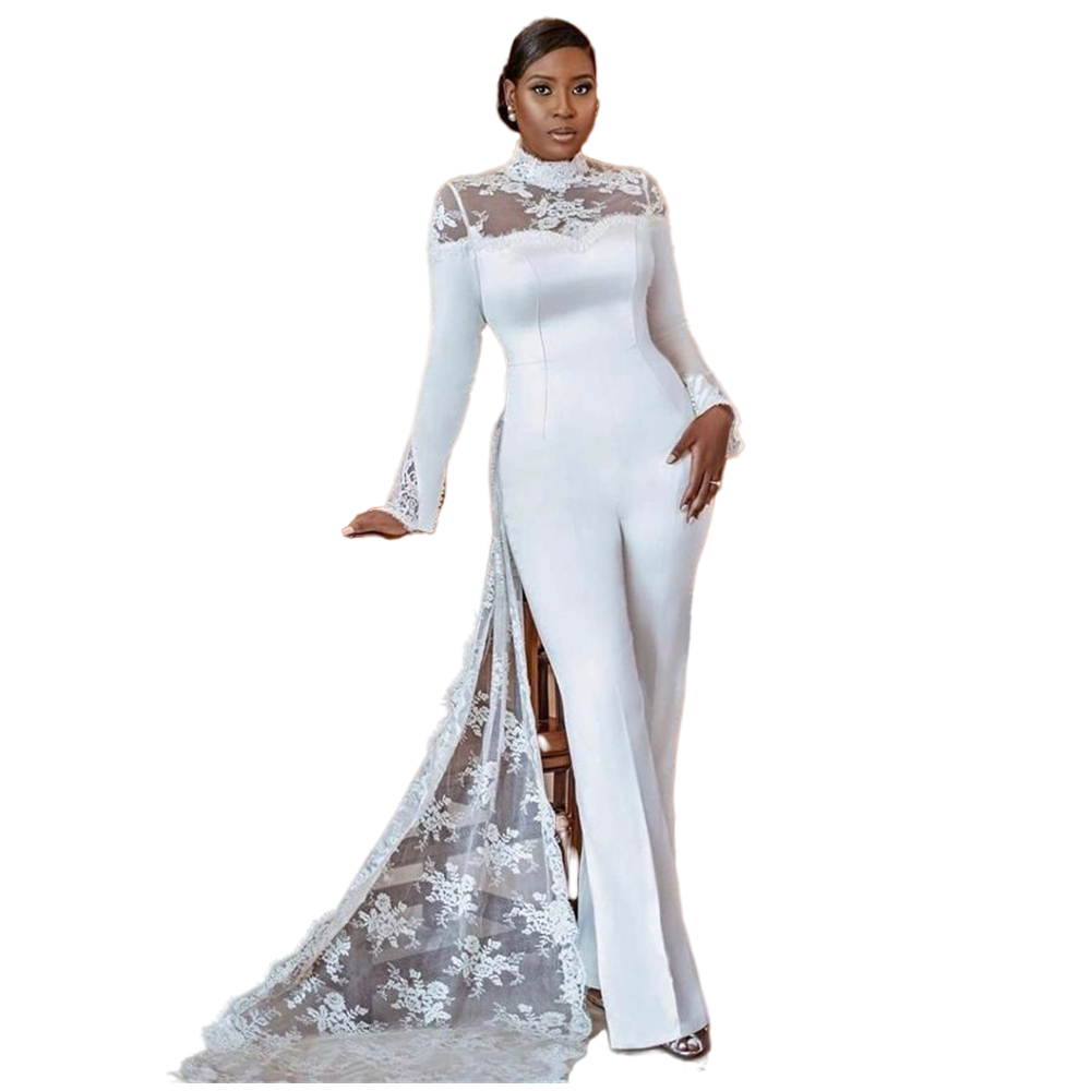 Elegant White Jumpsuit Wedding Dress With Detachable Train Lace Long Sleeves High Neck Floor Length Bridal Gowns Bride Reception Dresses Pant Suits