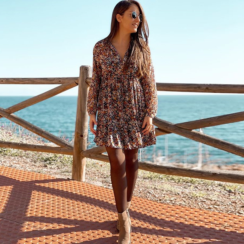 Summer Boho Floral Print Dress Women Lantern Long Sleeve Pleated es V Neck Beach Mini Female Roupa Feminina 210508