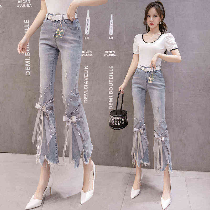 High Waist Jeans Women Ripped Cropped Women's Spring Summer Irregular Beaded Bow Flared Denim Pants Ladies 211129