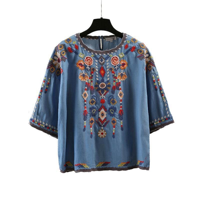 Summer Arts Style Women Half Sleeve Loose O-neck Tee Shirt Femme Tops Vintage Embroidery Cotton Denim T-shirt V33 210512