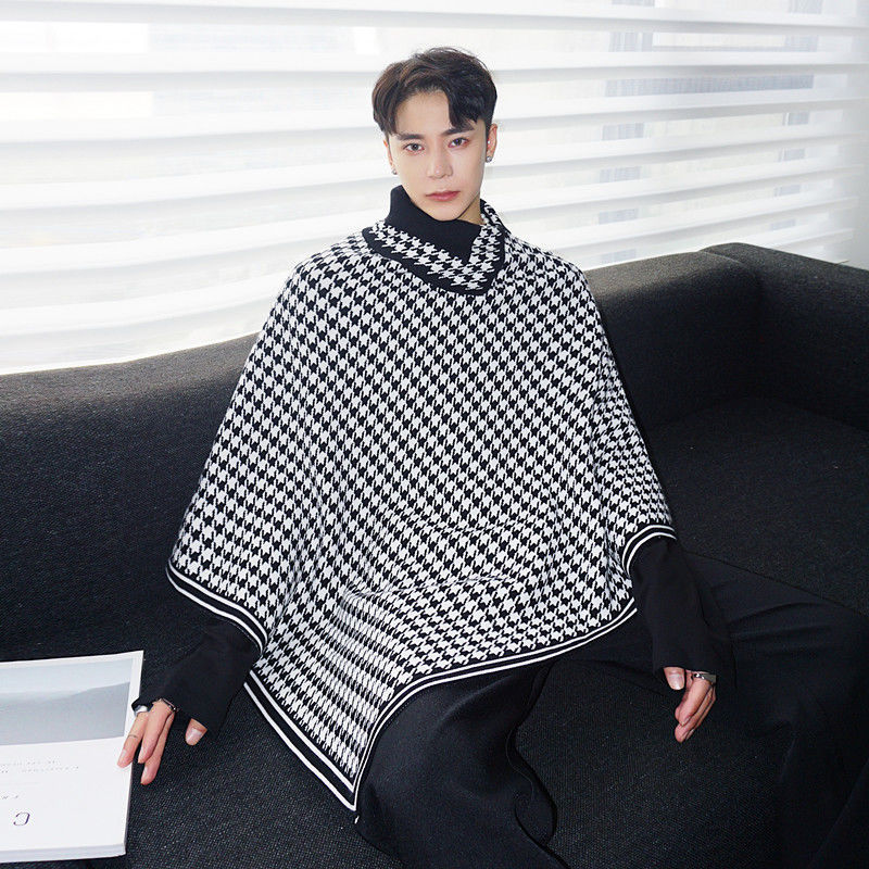 IEFB black white Plaid print Cloak Knit Sweater Men's Fashion Pullover kintwear Tops loose oversized irrgular clothes 9Y4686 210524