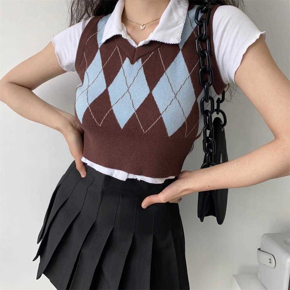 Vintage Plaid Sweater Vest Women V-neck Sleeveless Tank College Style Knitting Pullovers Tops for Daily 210819