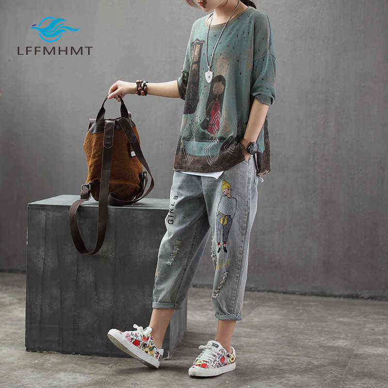6859 Fashion Korea Style Vintage Hole Girl Embroidery Ankle-length Denim Jeans Female Casual Loose Harem Pant Trousers Cloth 211129