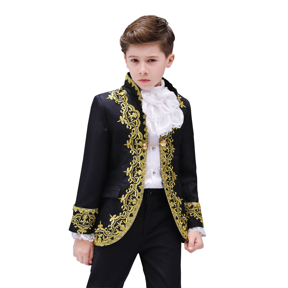 

Boys European Style Court Drama Costume Children Golden Flower Stage Prince Charming Performance Clothing Set Kids Blazer Pants, Black 2pcs